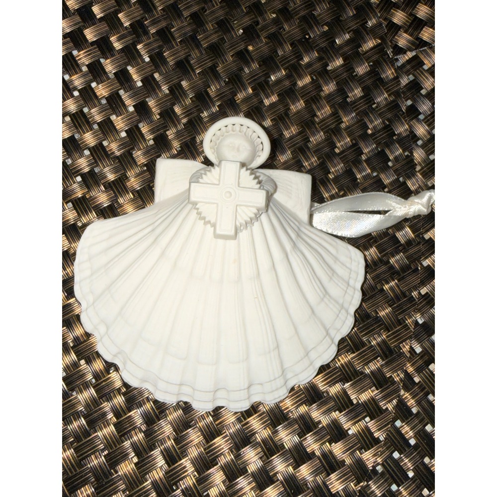 Furlong 1993 Vintage Bisque Porcelain Angel Ornament White Shell Gown Cross